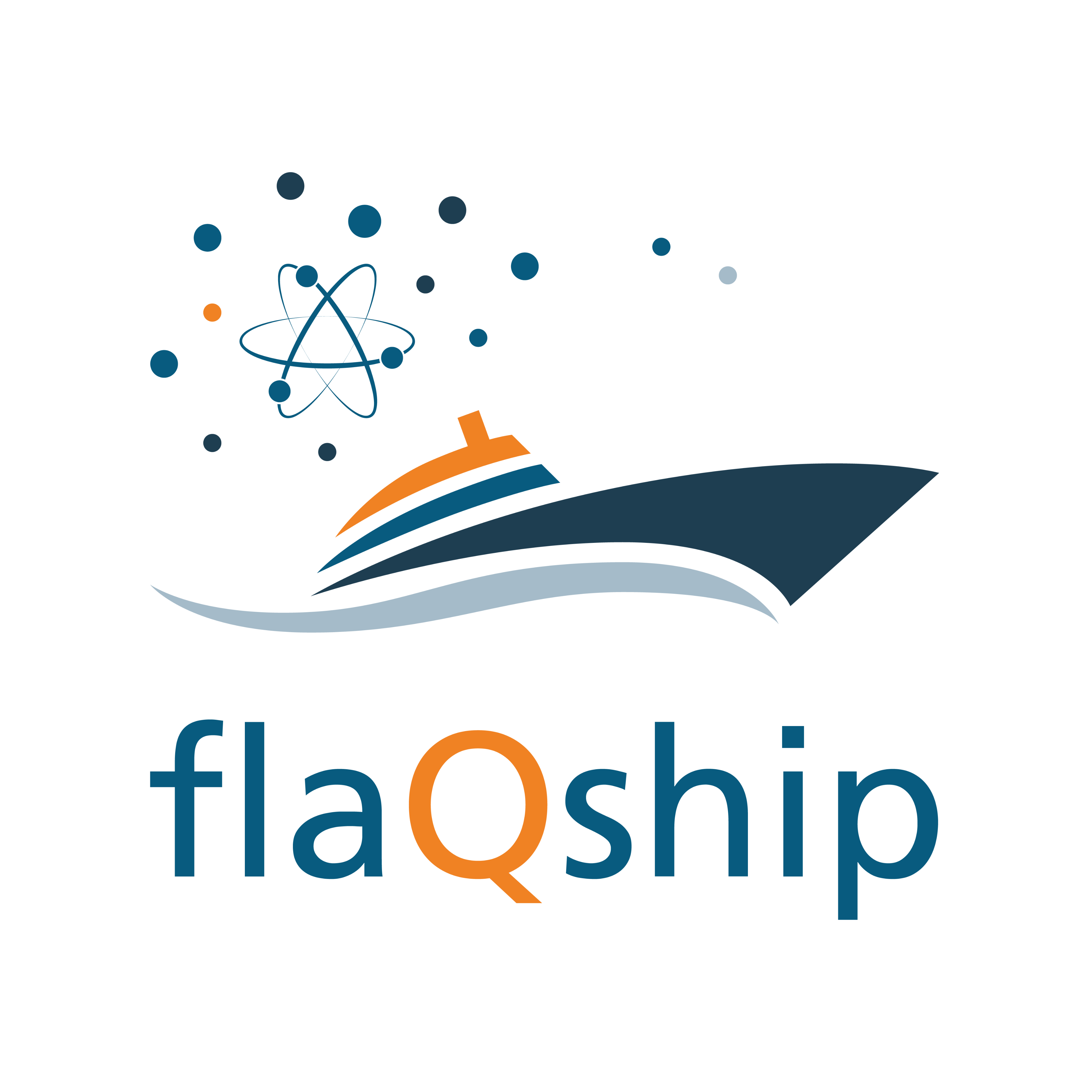 The image shows a logo. The top left shows a model of an atom, below that a boat is depicted. The word flaQship can be read below the graphics.